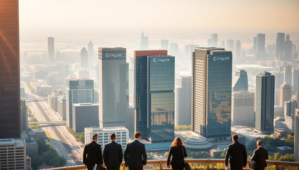 A sprawling urban landscape, with towering skyscrapers and bustling streets. In the foreground, a group of professionals in business attire, carrying briefcases and discussing plans. In the middle ground, a series of modern, glass-fronted office buildings, each bearing the logo of a prominent environmental consulting firm. The background is a hazy, sun-dappled skyline, suggesting a thriving, eco-conscious business community. The scene is illuminated by warm, golden light, creating a sense of optimism and progress. The overall composition conveys the scale, prestige, and influence of the leading environmental consulting companies in the region.