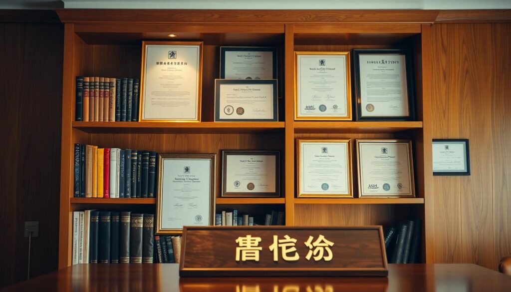 A stately bookshelf against a warm, wood-paneled wall, its shelves adorned with an array of professional certifications, diplomas, and awards. Soft, directional lighting illuminates the scene, casting a glow on the meticulously framed documents. In the foreground, a beautifully crafted nameplate or plaque prominently displays the words "有利な資格", signifying the importance and prestige of these qualifications. The overall composition conveys a sense of academic achievement, expertise, and the power of professional development to elevate one's career.