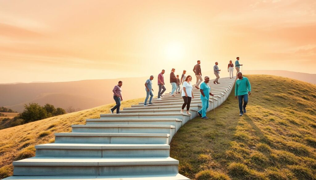 A step-by-step visual representation of the path to earning a care worker certification. In the foreground, a winding staircase leads upwards, each step representing a milestone in the certification process - from initial training and exams to specialized endorsements. The middle ground features a diverse group of care workers, some climbing the stairs, others already at the top, conveying a sense of progress and achievement. The background depicts a warm, sun-drenched landscape, symbolizing the rewarding career opportunities that await those who complete their certification. The lighting is soft and inviting, creating a sense of optimism and growth. Captured through a wide-angle lens, the image conveys the comprehensive scope of the care worker's journey to professional development.
