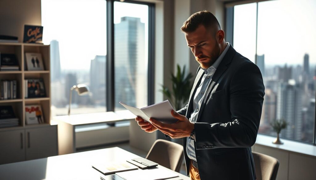 A stern-faced buyer stands in a well-lit office, examining samples with a critical eye. The background features a minimalist desk, shelves filled with product catalogs, and a large window overlooking a bustling city skyline. The buyer's expression conveys a sense of unwavering determination, their body language radiating authority and an uncompromising attention to detail. Dramatic lighting casts shadows that accentuate the buyer's sharp features, creating a sense of intensity and high-stakes decision-making. The overall atmosphere exudes a palpable sense of professionalism and the weight of responsibility that comes with the buyer's role in shaping the success of the company.