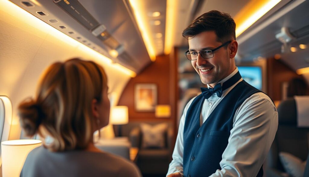 A steward's lounge set against a warm, inviting cabin interior, illuminated by soft, ambient lighting. In the foreground, a steward attentively interacts with a passenger, their expression conveying a sense of genuine care and professionalism. The mid-ground features elegant cabin furnishings and touches of luxury, while the background offers a glimpse of the aircraft's exterior, with the sky visible through the window. The overall atmosphere exudes a harmonious blend of efficiency, hospitality, and the thrill of air travel, capturing the essence of the steward's role and the fulfillment it can bring.