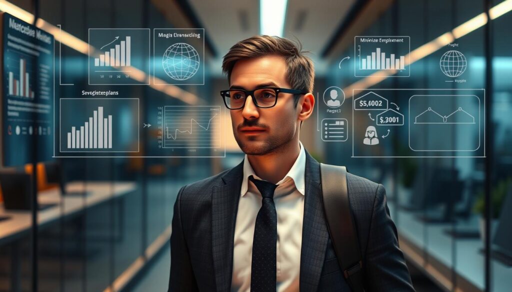 A strategic business plan with a clear timeline, showcasing efficient methods to minimize employment gaps. A focused professional navigating a sleek, modern office environment, surrounded by abstract visualizations of data analytics and organizational structures. Warm, directional lighting illuminates the scene, creating a sense of purpose and determination. The composition emphasizes the individual's proactive approach, conveying a tone of confidence and optimized career transitions.