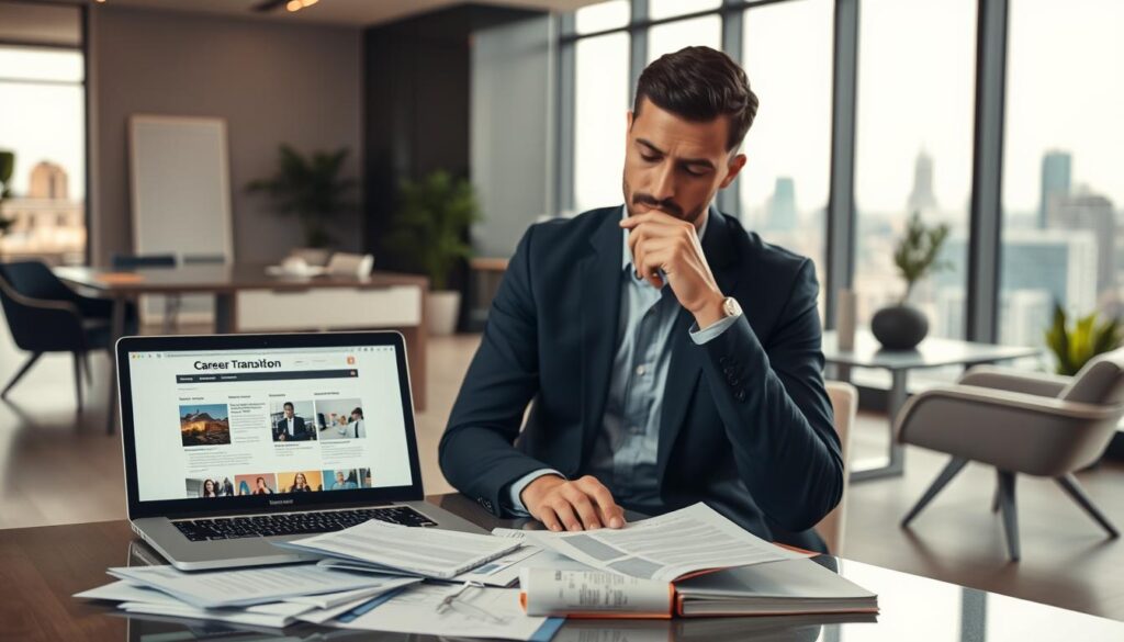 A strategic career transition plan unfolding against a backdrop of a modern office environment. In the foreground, a person contemplating their next professional move, surrounded by relevant documents and a laptop displaying potential job opportunities. The middle ground features sleek, minimalist office furniture and decor, conveying a sense of organization and focus. The background showcases the cityscape outside, hinting at the broader professional landscape and the new possibilities that await. Soft, diffused lighting creates a contemplative mood, while the composition emphasizes the individual's thoughtful decision-making process. The overall scene captures the essence of a well-crafted career transition strategy.