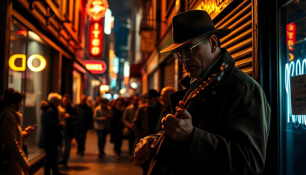 A street performer in a dark alley, illuminated by warm tungsten lighting, carefully observing the crowd and discreetly monitoring their conversations. Dressed in a trench coat and a fedora, the spy-like musician blends seamlessly into the urban backdrop, his instrument a subtle cover for his covert activities. The middle ground features passersby, oblivious to the undercover operation, while the background showcases the gritty, neon-lit cityscape, creating an atmosphere of mystery and intrigue. The overall scene conveys the dual nature of the street musician's work, seamlessly interweaving performance and espionage.