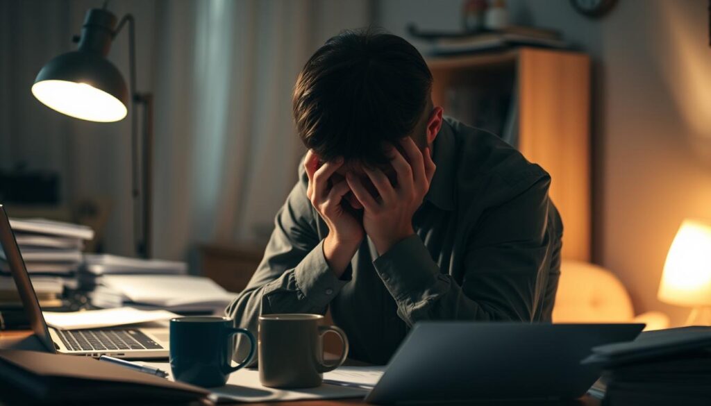 A stressed professional in a dimly-lit home office, facing a cluttered desk with a laptop, papers, and empty coffee mug. Their head is in their hands, shoulders hunched, as they navigate the challenges of a mid-career job search. Soft, warm lighting from a desk lamp casts a comforting glow, while the background is slightly out of focus, creating a sense of isolation and introspection. The atmosphere conveys the emotional strain of career transition, tempered by a determination to manage this stressful period with resilience.