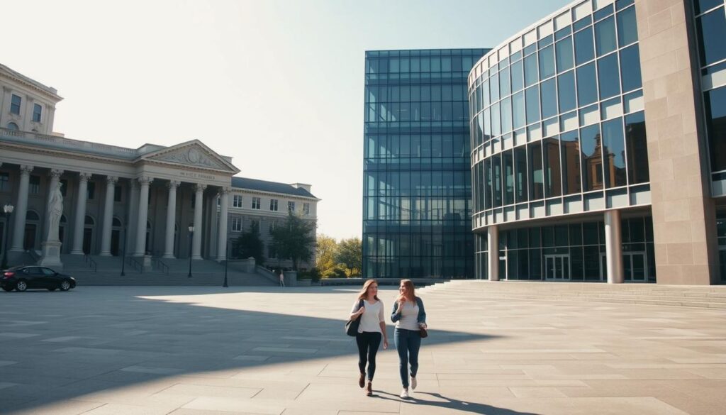 A striking contrast between the stately facades of a public university and the modern, sleek design of a private institution. In the foreground, a pair of students stroll through an expansive campus plaza, the towering columns and ornate architecture of the national university juxtaposed against the clean lines and glass-paneled buildings of the private school in the background. Diffused sunlight casts long shadows, lending an air of contemplation as the students consider their educational paths. The scene conveys the distinct character and resources of each institution, inviting the viewer to ponder the unique opportunities and challenges facing university staff seeking to transition between these divergent academic environments.