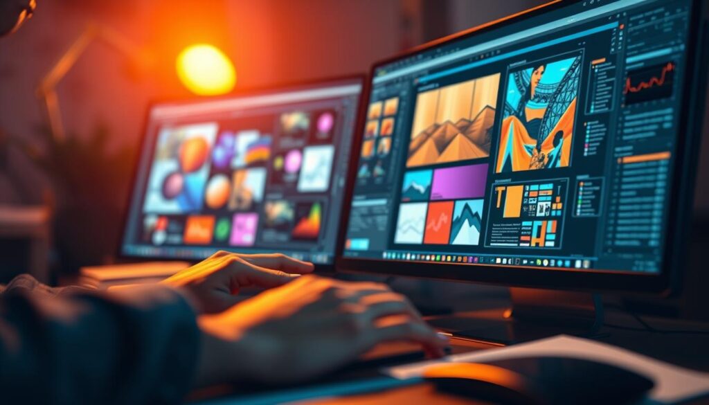 A striking digital illustration depicting the importance of design skills for graphic designers. The scene shows a skilled artist's hands effortlessly manipulating design software, crafting intricate layouts, vibrant color palettes, and seamless typography. The foreground is sharply in focus, capturing the creative process in vivid detail, while the background is subtly blurred, drawing the viewer's attention to the designer's deft techniques. Warm, directional lighting illuminates the scene, creating a sense of depth and drama. The overall mood is one of focus, professionalism, and the power of exceptional design abilities to elevate any project.