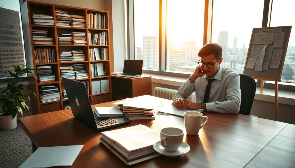 A study-focused office interior with a government employee diligently preparing for a civil service exam. The foreground features a wooden desk with a laptop, textbooks, and a cup of coffee. The middle ground showcases a bookshelf filled with exam preparation materials and a bulletin board covered in notes and flashcards. The background depicts large windows overlooking a cityscape, bathing the room in warm, natural lighting. The atmosphere conveys a sense of focused determination as the individual works towards their goal of passing the civil service examination.