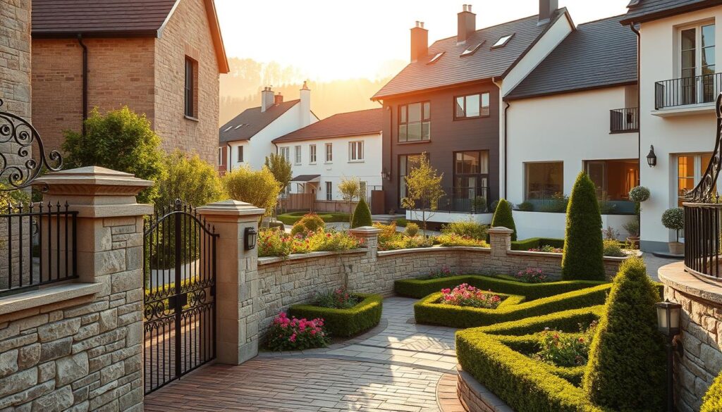 A stunning and diverse landscape showcasing the regional variations in exterior design. In the foreground, meticulously crafted stone walls and intricate iron gates, reflecting the traditional architectural styles of a historic European town. The middle ground features expertly manicured gardens, with vibrant flowers and neatly trimmed hedges, complementing the timeless aesthetic. In the background, modern minimalist homes with clean lines and large windows, showcasing the contemporary trends in suburban exterior design. Warm, golden sunlight filters through, creating a serene and inviting atmosphere. The scene captures the rich tapestry of regional influences that shape the world of exterior design.