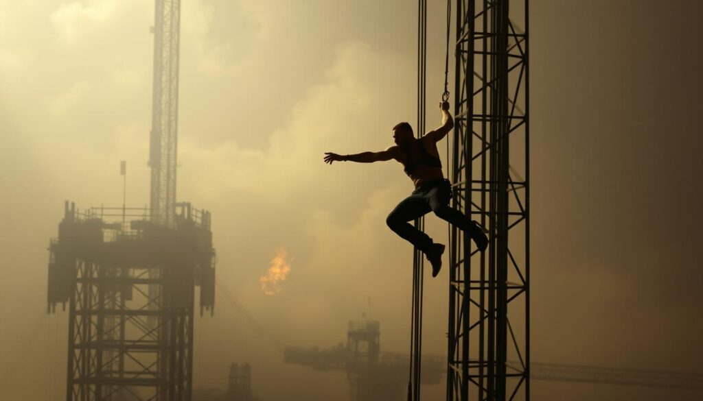 A stunt performer navigating a perilous stunt, haloed by dramatic lighting and a hazy, atmospheric background. In the foreground, the stunt person executes a daring leap, their body tense with focus and determination. The middle ground reveals the elaborate set, with towering structures and intricate rigging. In the distant background, a sense of looming danger and uncertainty lingers, hinting at the risks and challenges inherent in this profession. The overall mood is one of high-stakes thrill, underscored by a palpable sense of risk and the weight of responsibility borne by the stunt performer.
