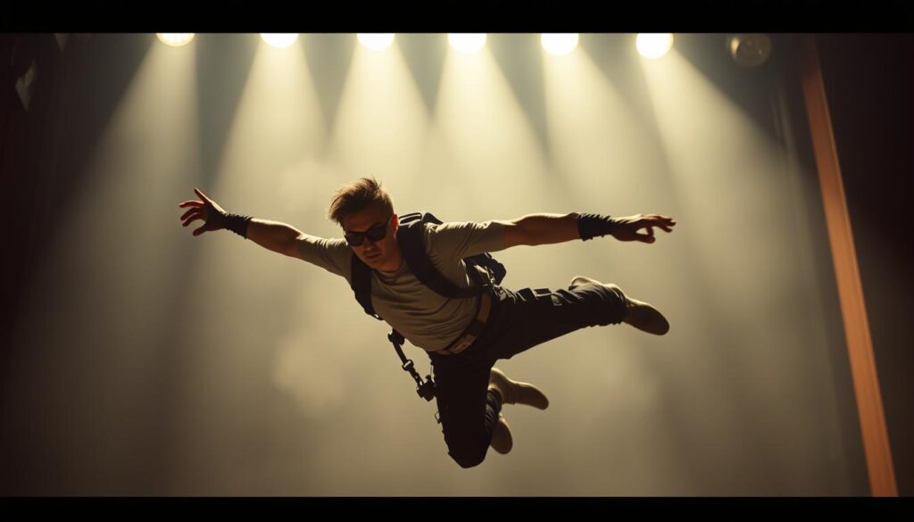 A stunt person performs daring feats with graceful athleticism, defying gravity and captivating audiences. They execute heart-pounding stunts with unwavering focus, their agile bodies in fluid motion against a backdrop of cinematic grandeur. Dramatic lighting casts dramatic shadows, emphasizing the thrill and danger of their craft. The stunt person's face is obscured, highlighting their commitment to the role rather than individual stardom. Their costume, meticulously designed for functionality and aesthetics, completes the illusion of an action hero in a larger-than-life production. This image captures the allure and fulfillment of a stunt person's work - the perfect blend of skill, courage, and the pursuit of cinematic excellence.