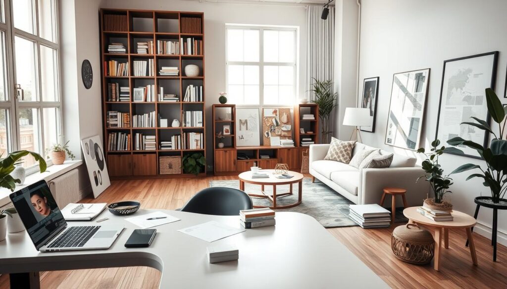 A stylish and functional interior design studio, illuminated by natural light streaming through large windows. In the foreground, a sleek, modern desk with a laptop, design software, and various creative tools. In the middle ground, bookshelves filled with design-related literature, samples of fabrics, and mood boards. The background features a balanced blend of contemporary furniture, soft textures, and minimalist décor, creating a harmonious and inspirational workspace. The overall atmosphere exudes creativity, attention to detail, and a deep understanding of the principles of interior design.