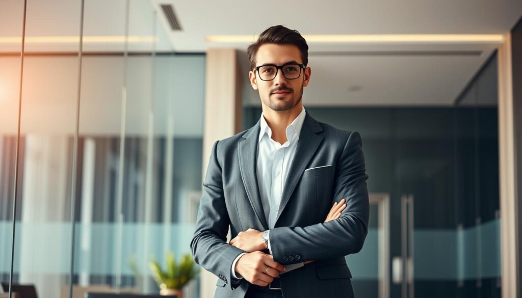 A stylish and professional business person standing confidently in a modern office setting, dressed in a well-tailored suit. The lighting is soft and flattering, creating a sense of warmth and productivity. The background features sleek, minimalist design elements like glass partitions and subtle, geometric patterns, conveying a sophisticated and aspirational atmosphere. The subject's body language and facial expression radiate determination and a drive for career advancement. The overall scene reflects the themes of career growth, higher earning potential, and the pursuit of professional excellence.