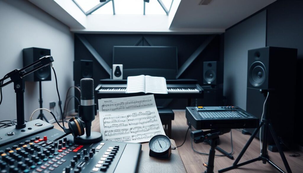 A stylish and professional-looking arrangement of musical instruments, audio equipment, and creative tools, captured in a well-lit, minimalist studio setting. The foreground features a mixing console, microphone, and headphones, symbolizing the technical expertise required for music arrangement. The middle ground showcases a piano keyboard, sheet music, and a metronome, representing the musical knowledge and composition skills. The background includes a sleek, modern interior with geometric architectural elements, evoking the sophisticated and meticulous nature of the arranger's work. The overall mood is one of focus, precision, and artistic expression, capturing the multifaceted skill set necessary for a successful arranger.