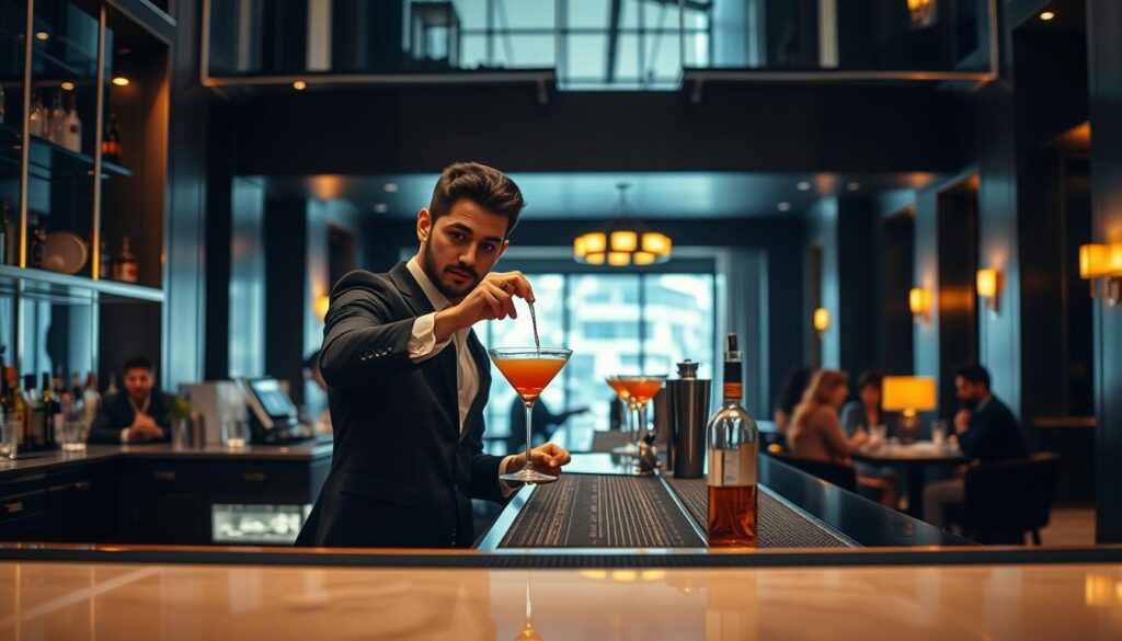 A stylish bartender stands behind a sleek, modern bar, expertly mixing a cocktail. The foreground shows their skilled hands and the array of bottles and glassware. The middle ground reveals the bar's minimalist, chic design with a few patrons seated. The background depicts a dimly lit, high-ceilinged room with warm lighting, hinting at an upscale establishment. The scene conveys the bartender's confidence, professionalism, and the potential for career advancement in this dynamic industry. The image is captured with a shallow depth of field, emphasizing the bartender's central role and the sophisticated ambiance.