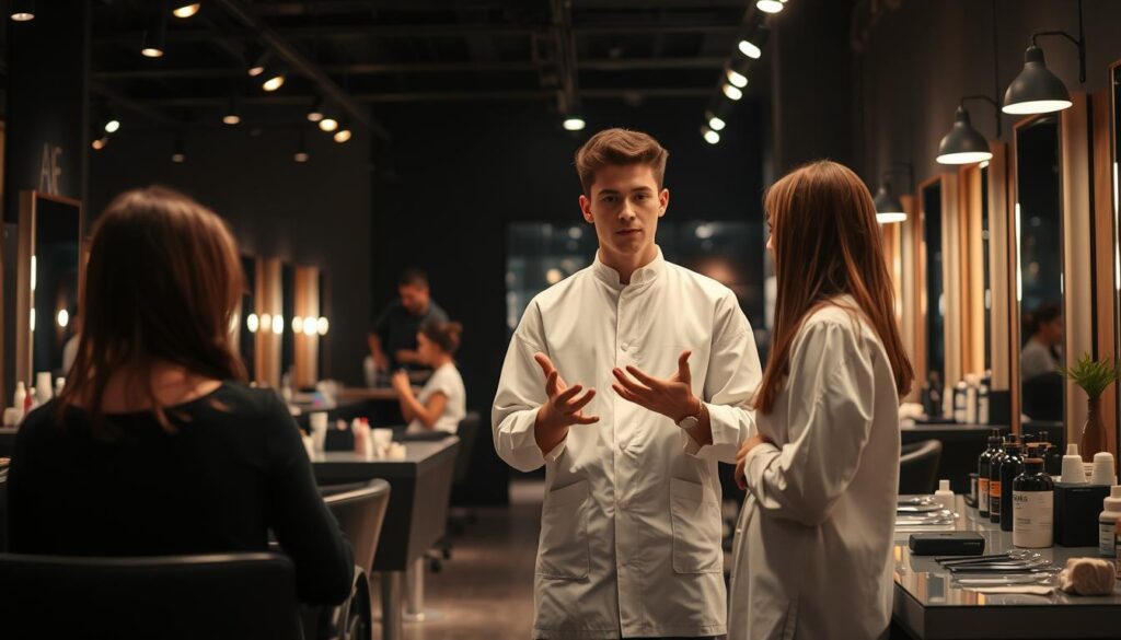 A stylish beauty salon interior, dimly lit with warm, soft lighting casting a cozy ambiance. In the foreground, a young hairstylist in a crisp white smock consults with a client, gesturing thoughtfully as they discuss potential style options. The middle ground showcases the sleek, modern workstations adorned with professional hair care products, scissors, and other tools of the trade. In the background, a few other stylists attend to their customers, creating an atmosphere of focused, precision work. The overall scene conveys the skill, expertise, and personal touch that defines the life of a talented hairstylist contemplating their next career move.