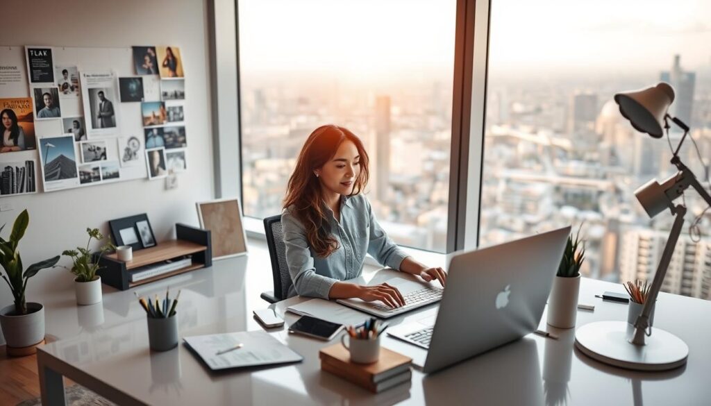 A stylish designer working at their sleek, minimalist desk, surrounded by inspiration boards, design tools, and a panoramic city view through large windows. Soft, warm lighting casts a gentle glow, highlighting the designer's focus and creative energy. The scene conveys a sense of professional accomplishment, with the designer actively engaged in exploring ways to enhance their earning potential through honing their craft and expanding their expertise. The overall mood is one of thoughtful determination and optimism about the designer's path to career growth and financial success.