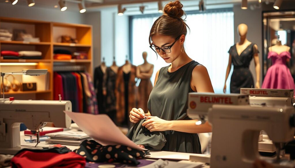 A stylish fashion designer in a sophisticated studio, surrounded by vibrant fabric swatches, sketches, and sewing machines. Soft, warm lighting illuminates the designer's focused expression as they diligently craft a new garment, capturing the essence of their creative process. In the background, glimpses of high-end fashion accessories and elegant mannequins suggest the designer's success and prestigious clientele. The scene exudes an atmosphere of artistic passion, technical mastery, and the thrill of bringing innovative designs to life.
