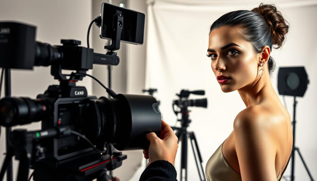 A stylish fashion photographer capturing the essence of high-end couture. In the foreground, a model poses confidently, the soft lighting casting dramatic shadows across her face. The middle ground features an array of professional camera equipment - sleek bodies, long lenses, and a sturdy tripod. In the background, a chic studio backdrop, minimalist yet elegant, creates the perfect setting for this photoshoot. The atmosphere is one of refined sophistication, with a touch of glamour, befitting the world of high fashion photography. The photographer's keen eye and technical mastery bring this scene to life, showcasing the skills and artistry required to excel in this specialized field.