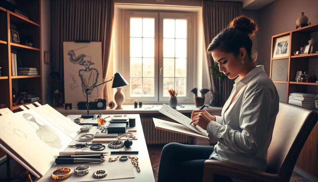 A stylish jewelry designer's workspace, filled with intricate sketches, gemstones, and precious metals. A large window casts warm, natural light, highlighting the designer's focused expression as they meticulously craft a one-of-a-kind piece. Elegant, minimalist furniture and a sleek, modern aesthetic create an atmosphere of creativity and professionalism. Showcased on the desk are various tools of the trade, from precision tools to CAD software, reflecting the technical and artistic skills required for independent jewelry design. The overall scene conveys the passion, dedication, and entrepreneurial spirit of a jewelry designer embarking on their own path.