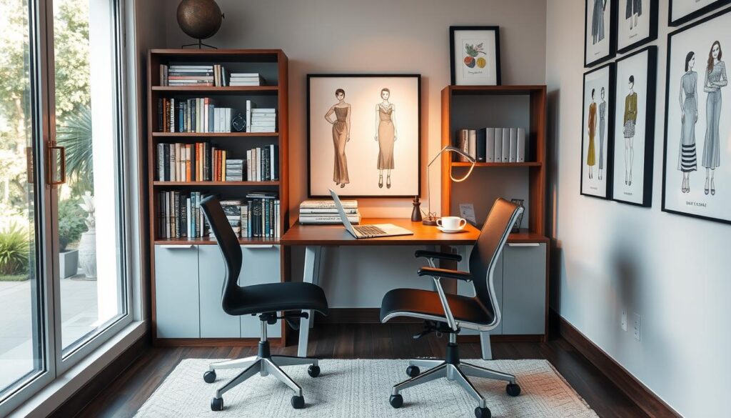 A stylish, modern home office with a sleek, minimalist desk and ergonomic chair. A well-stocked bookshelf and a large window fill the room with natural light, casting a warm, inviting glow. On the desk, a laptop, a cup of coffee, and a few carefully placed documents hint at the work of a successful freelance pattern maker. The walls are adorned with framed fashion illustrations, reflecting the creative nature of the profession. The overall atmosphere conveys a sense of productivity, comfort, and the financial security that comes with a thriving freelance career.