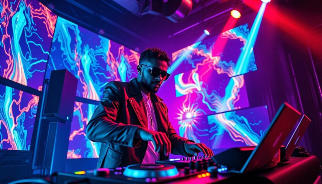 A stylish video jockey performing a live DJ set, surrounded by a dynamic array of LED screens and audio equipment. The scene is bathed in vibrant, pulsing lights that cast an energetic, neon-drenched atmosphere. The video jockey appears deeply immersed in their craft, hands skillfully manipulating the controls, face illuminated by the glow of the screens. The composition places the video jockey as the central focus, with the supporting technology and lighting elements framing and accentuating their creative expression. The overall mood is one of electric creativity, technological prowess, and the boundless energy of live performance.
