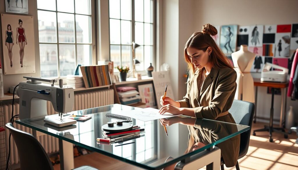 A stylish, well-lit studio setting with a fashionable young woman sketching designs at a modern glass-topped desk. The walls are adorned with inspirational fashion illustrations and color swatches. Bright natural light streams in through large windows, casting a warm glow on the scene. The woman is focused intently, her pencil gliding across the sketchpad as she brings her creative vision to life. Nearby, a sewing machine, dress form, and various sewing tools suggest the process of transforming ideas into tangible garments. The overall atmosphere is one of creativity, passion, and the pursuit of a fashion design career.