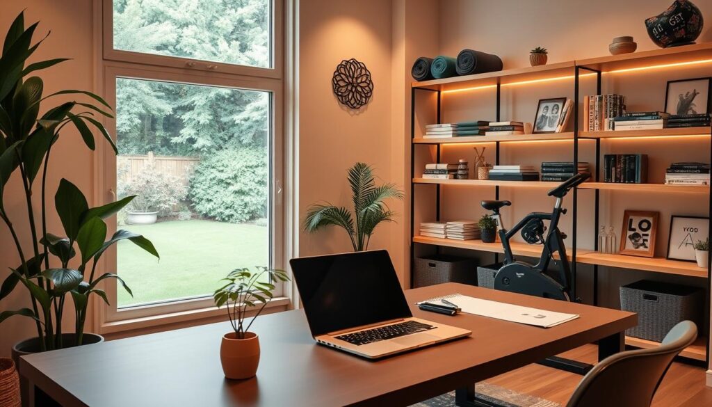 A stylish yet wellness-focused office interior. In the foreground, a stylish yet ergonomic desk setup with a laptop, stylus, and small potted plant. A large window in the middle ground offers natural light and a view of a serene outdoor garden. The background features shelves displaying health-conscious items like yoga mats, wellness books, and a small exercise bike. Warm, soft lighting creates a calming atmosphere. The overall scene conveys a sense of balance between the demands of a stylist's profession and personal wellbeing.
