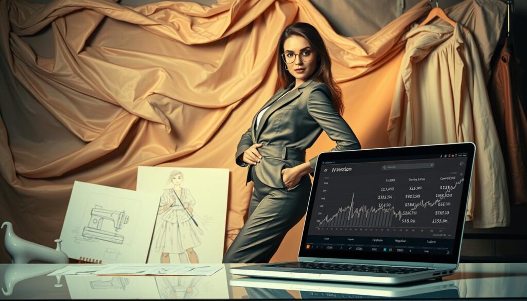 A stylishly dressed fashion designer poses elegantly against a backdrop of flowing fabrics, sketches, and sewing tools. Soft, warm lighting casts a chiaroscuro effect, highlighting the designer's poise and creative flair. The scene conveys a sense of professionalism, artistry, and the financial rewards associated with this prestigious career. In the foreground, a sleek laptop displays financial data, alluding to the substantial earning potential of successful fashion designers. The overall composition suggests the glamour, creativity, and financial success inherent in this dynamic industry.