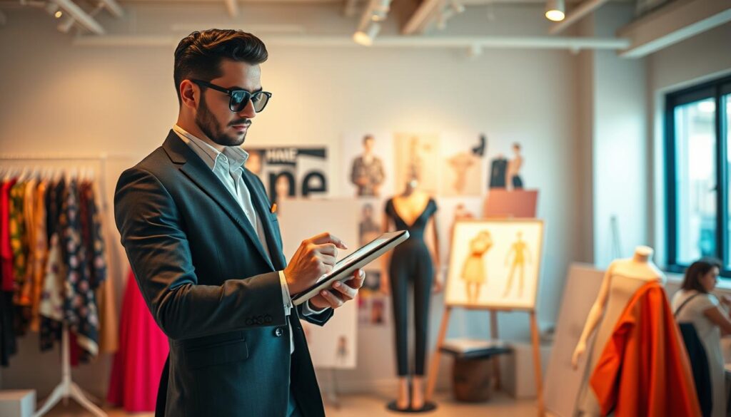 A stylishly dressed fashion designer stands confidently in a modern, well-lit studio, sketching vibrant designs on a digital tablet. Vibrant fabrics, mannequins, and mood boards fill the background, hinting at the designer's creative process. The scene exudes a sense of innovation, professionalism, and a bright future for the fashion industry. Warm, diffused lighting creates a sense of energy and possibility, while a sleek, minimalist aesthetic suggests the designer's attention to detail and forward-thinking approach. The overall impression is one of a thriving, dynamic career in the world of high fashion.