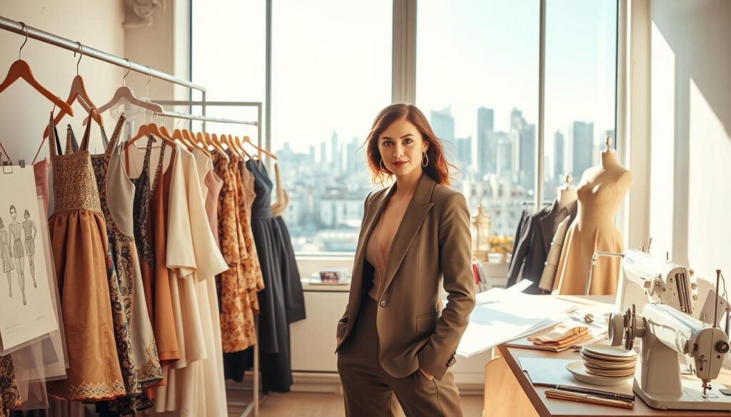 A stylishly dressed fashion designer stands proudly in a sun-dappled atelier, surrounded by racks of elegant garments, sketches, and sewing machines. Soft, warm lighting highlights the designer's confident expression and the intricate details of their meticulously crafted creations. In the background, a large window offers a glimpse of a bustling city skyline, symbolizing the designer's success and the thriving industry they have become a part of. The overall scene conveys a sense of accomplished artistry, hard work, and the realization of a dream.