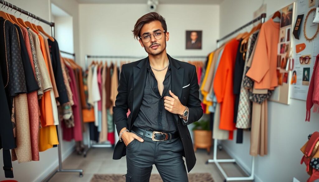A stylishly dressed freelance fashion stylist standing in a modern, minimalist home studio, surrounded by racks of vibrant clothing, accessories, and mood boards. The lighting is soft and diffused, highlighting the stylist's confident, creative expression. The scene conveys a sense of passion, flexibility, and entrepreneurial spirit associated with the freelance stylist's lifestyle. The angles capture the stylist in a dynamic, thoughtful pose, showcasing their artistic eye and attention to detail. An atmosphere of inspiration, hustle, and the pursuit of personal style permeates the image.