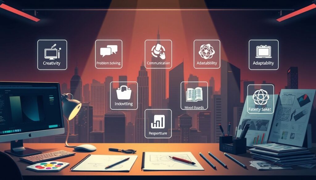 A stylized digital illustration depicting the 7 essential skills for a successful conceptor. In the foreground, a conceptor's workspace with various tools of the trade - design software, sketchpad, color palette, and inspirational mood boards. In the middle ground, holographic icons representing the key skills: creativity, problem-solving, communication, adaptability, strategic thinking, industry knowledge, and attention to detail. The background features a futuristic cityscape, hinting at the conceptor's ability to envision innovative solutions. The overall aesthetic is sleek, minimalist, and slightly dystopian, capturing the high-stakes, high-pressure nature of the conceptor's role. Dramatic lighting and muted color tones evoke a sense of gravitas and professionalism.