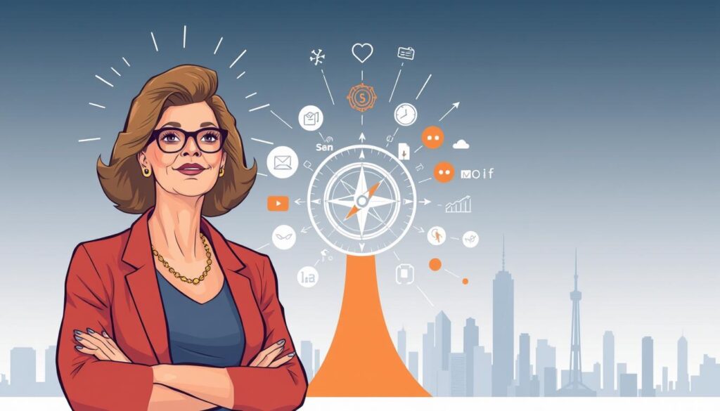 A stylized illustration depicting a confident 50-year-old woman charting her successful career transition. In the foreground, she stands tall, her gaze focused and determined, surrounded by a halo of dynamic energy lines. In the middle ground, a collage of icons representing her skills, achievements, and strategic planning unfolds, with a central compass guiding her path. The background features a sleek, minimalist cityscape, symbolizing the world of new professional opportunities awaiting her. The overall mood is one of empowerment, resilience, and a steadfast commitment to personal growth and career fulfillment.