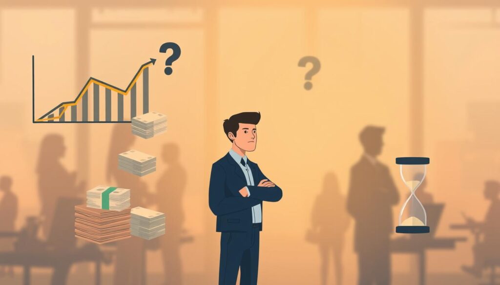 A stylized illustration depicting a person navigating through the challenges of maintaining their income level. In the foreground, a figure stands with a pensive expression, surrounded by symbols representing financial concerns - a graph showing declining earnings, a stack of bills, and an hourglass. The middle ground features blurred office silhouettes, suggesting the competitive job market. The background is hazy, with a warm glow casting an uncertain atmosphere, alluding to the anxiety of the situation. The lighting is soft and diffused, creating a contemplative mood. The overall composition conveys the sense of a 40-year-old professional carefully considering their options to avoid a significant pay reduction when changing jobs.