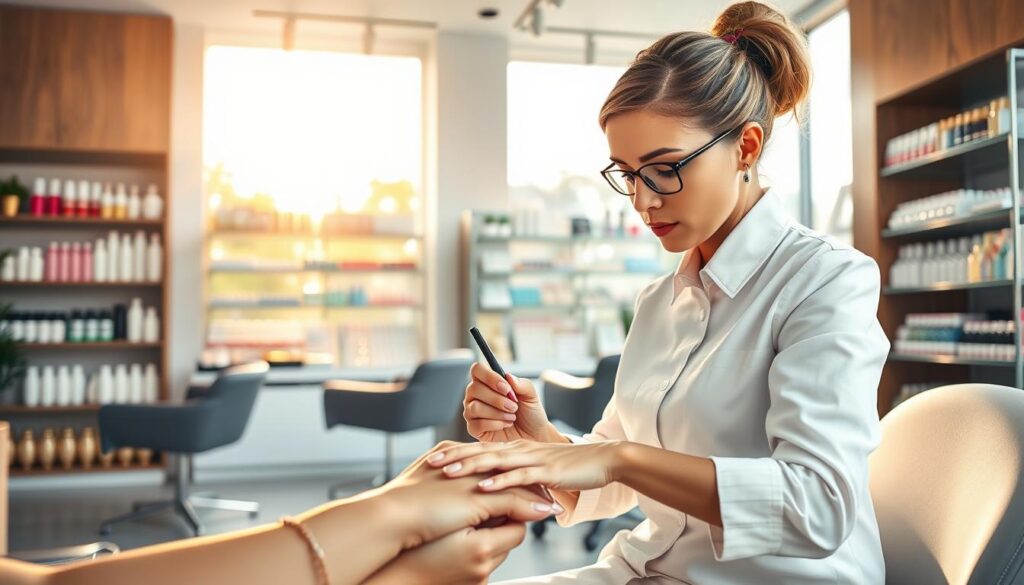 A stylized interior scene of a modern nail salon, featuring a nail technician expertly applying nail polish on a client's hands. The salon is bathed in warm, natural lighting streaming through large windows, creating a serene and inviting atmosphere. The nail technician wears a crisp white uniform and concentrates intently on their work, showcasing their precision and attention to detail. In the background, display shelves showcase a diverse range of nail care products, hinting at the salon's focus on providing a comprehensive range of services. The overall composition emphasizes the professionalism, expertise, and dedication of the nail technician, conveying the potential for increased earnings through continued skill development and exceptional customer service.
