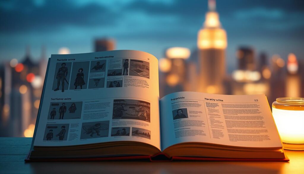 A stylized portfolio of a professional game scenario writer, with a clean, minimalist layout showcasing their narrative skills. The portfolio features carefully curated samples of their work, including character designs, storyboards, and narrative outlines, all presented against a backdrop of a softly blurred cityscape. Warm lighting casts a subtle glow, creating an atmosphere of creativity and inspiration. The arrangement of the portfolio elements conveys a sense of thoughtful curation and attention to detail, reflecting the writer's dedication to their craft. The overall composition strikes a balance between professionalism and artistic flair, inviting the viewer to immerse themselves in the world of game scenario writing.