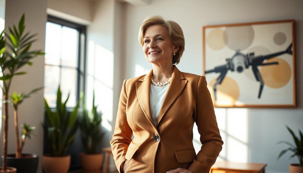 A successful 50-year-old woman standing confidently in a modern office environment, dressed in a tailored blazer and pencil skirt. Warm natural lighting filters through the windows, casting a soft glow on her face as she gazes ahead with a subtle smile, exuding a sense of accomplishment and determination. The background features a sleek, minimalist decor with potted plants and a large, framed abstract artwork on the wall, creating a professional yet inviting atmosphere. The camera angle is slightly elevated, emphasizing the subject's poise and self-assurance as she navigates the next chapter of her career.
