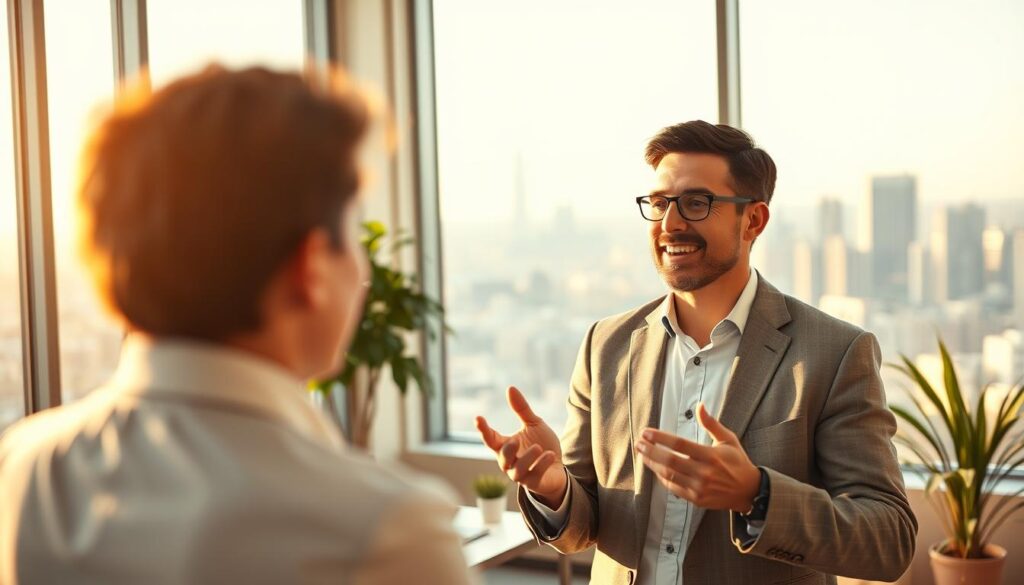 A successful career transition narrative unfolds in a serene office setting. In the foreground, a confident, well-dressed individual shares their journey, gesticulating animatedly. Warm, natural lighting filters through large windows, casting a soft glow on their face as they recount their hard-won accomplishments. The middle ground features a minimalist, tastefully decorated workspace, hinting at the individual's newfound professional fulfillment. In the background, a panoramic city skyline provides a subtle backdrop, symbolizing the breadth of opportunities that awaited this career change. The overall atmosphere conveys a sense of inspiration, triumph, and the power of personal reinvention.