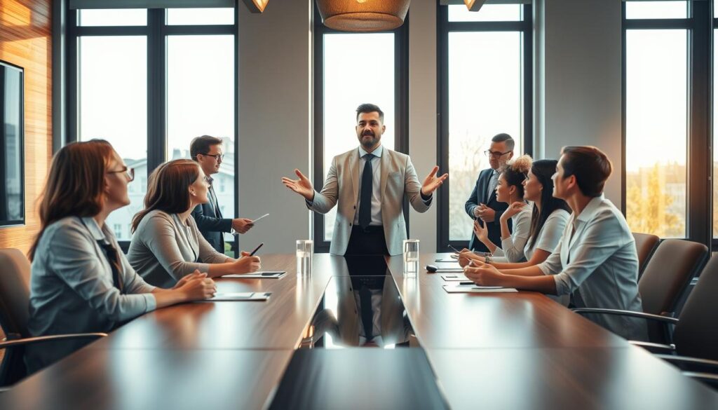 A successful facilitator guiding a diverse group of professionals in a dynamic conference room setting. Warm lighting from large windows illuminates the collaborative atmosphere, as the facilitator stands at the head of a sleek, modern table, gesturing emphatically while the participants engage in animated discussion. Subtle textures of wood, glass, and brushed metal create a sense of sophistication, while the body language of the group conveys a shared sense of purpose and productive energy. The overall scene radiates an aura of professionalism, expertise, and effective communication.