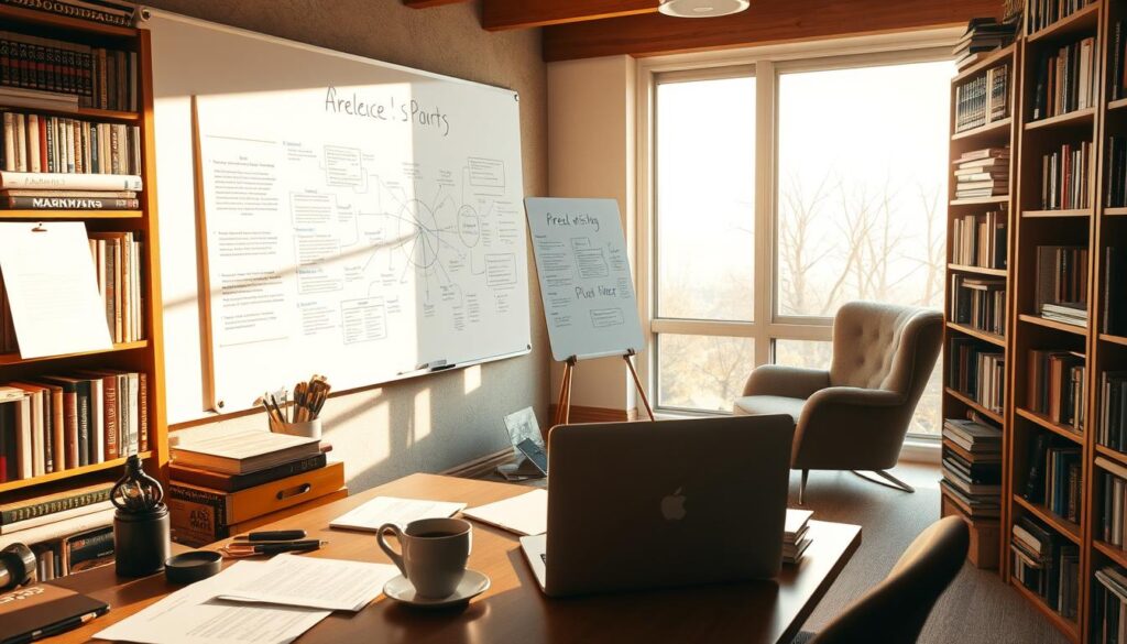 A successful freelance game writer's workspace, bathed in warm natural light filtering through a large window. In the foreground, a well-organized desk with a laptop, notes, and a cup of coffee. Bookshelves line the walls, filled with references on narrative design, game development, and creative writing. The middle ground showcases a whiteboard covered in mind maps, character sketches, and plot outlines. In the background, a cozy reading nook with a plush chair and a view of a peaceful outdoor scene, suggesting a balance between focused work and reflective relaxation. The overall atmosphere conveys a sense of productivity, inspiration, and the fulfillment of pursuing one's creative passions as a freelance game scenario writer.