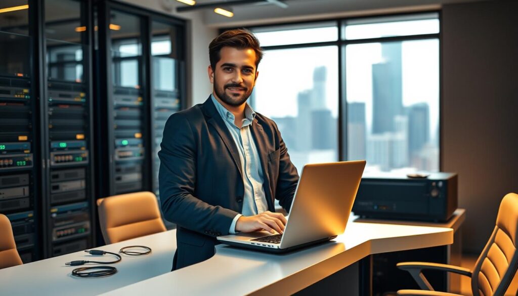 A successful network engineer standing confidently in a modern office, their laptop open on a sleek desk surrounded by cutting-edge networking equipment. Warm, directional lighting casts a professional glow, while a floor-to-ceiling window in the background reveals a dynamic cityscape. The engineer's expression conveys a sense of accomplishment, their body language radiating the confidence of an expert who has honed their craft. The scene projects an atmosphere of technological mastery and career fulfillment, encapsulating the story of a network engineer who has achieved remarkable success.