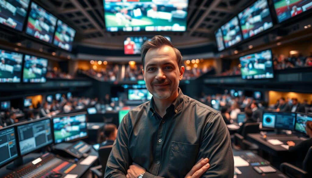 A successful technical director overseeing a high-profile sports event, standing confidently in the center of a bustling production control room. The room is filled with state-of-the-art video screens, mixing consoles, and technicians diligently monitoring the live broadcast. Soft, directional lighting illuminates the director's face, conveying a sense of focus and leadership. The camera captures the director from a slightly low angle, emphasizing their authoritative presence and command of the complex technical operations. The background is a blur of activity, suggesting the fast-paced, high-stakes nature of the director's role in delivering a seamless, high-quality sports broadcast.