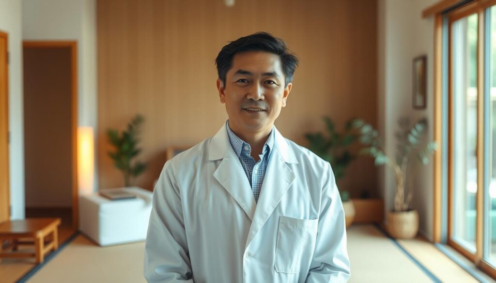 A successful traditional Japanese osteopath, dressed in a white coat, stands confidently in a tranquil, minimalist office. The warm lighting from a large window casts a soft glow, creating an atmosphere of professionalism and expertise. In the background, simple wooden furniture and calming decor suggest a serene, zen-inspired environment. The osteopath's expression conveys a sense of calm authority, as they prepare to provide personalized, holistic treatment to a patient. The entire scene reflects the high level of skill, attention to detail, and dedication to patient care that defines the career of a thriving Japanese osteopath.