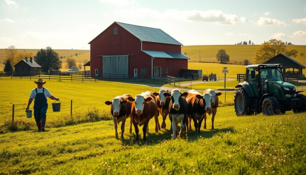 A sun-dappled dairy farm nestled in the rolling countryside, the day begins with a bustling scene. In the foreground, a weathered farmer in overalls and boots strides purposefully towards the milking parlor, bucket in hand. Cows low softly as they are gently herded from the lush pasture, their sleek coats gleaming in the morning light. In the middle ground, a red barn stands tall, its weathered wood and tin roof casting long shadows across the dewy grass. Further back, a tractor waits patiently, ready to assist with the day's chores. The air is crisp and clean, filled with the earthy scents of freshly turned soil and the sweet fragrance of wildflowers. This is the rhythm of a dairy farmer's life, a harmonious dance of man, beast, and land.