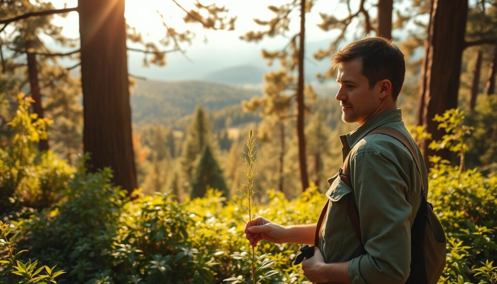 A sun-dappled forest glade, lush with verdant foliage and towering ancient trees. In the foreground, a forest ranger inspects a young sapling, their expression one of quiet contemplation and reverence. The middle ground reveals a panoramic vista of rolling hills and distant peaks, hinting at the vast expanse of the wilderness under their care. Warm, diffused light filters through the canopy, casting a serene, almost spiritual atmosphere. The ranger's body language conveys a deep sense of connection to the land, a profound appreciation for the delicate balance of this vibrant ecosystem. This is the essence of the forest consultant's calling - to nurture and protect the natural world, finding joy and fulfillment in their stewardship of this precious resource.