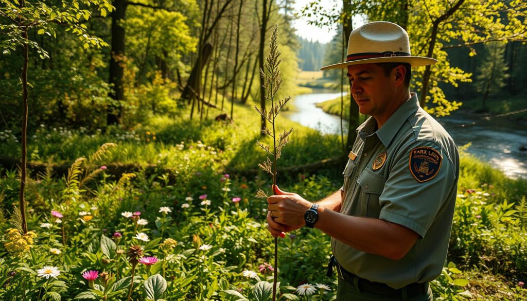 A sun-dappled forest glade, lush with verdant foliage and vibrant wildflowers. In the foreground, a park ranger stands tall, their face alight with a sense of purpose as they carefully tend to a young sapling, their hands calloused from years of dedicated service. The middle ground reveals a diverse array of flora and fauna, each element in harmonious balance, a testament to the ranger's tireless efforts to preserve this natural sanctuary. In the distance, a meandering stream reflects the tranquil sky, its gentle murmur a soothing backdrop to the scene. The lighting is soft and golden, casting a warm, contemplative glow over the entire landscape, evoking a profound sense of connection and stewardship between the ranger and the land they protect.