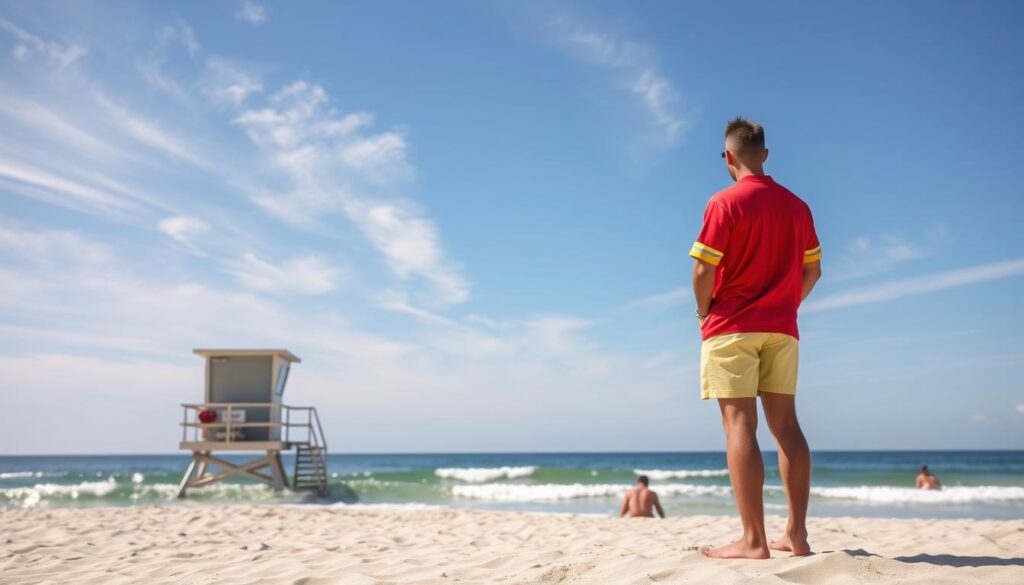 A sunny, inviting beach scene with a lifeguard tower in the middle ground. In the foreground, a lifeguard wearing a red and yellow uniform stands at attention, gazing vigilantly over the tranquil ocean waves. The background features a clear sky with wispy clouds, palm trees swaying gently, and a few beachgoers relaxing on the sand. The image conveys a sense of safety, tranquility, and the important role that lifeguards play in protecting swimmers and ensuring a safe, enjoyable beach experience. Lighting is natural and warm, with a soft, diffuse quality. The camera angle is slightly elevated, providing a balanced, compositional view of the scene.