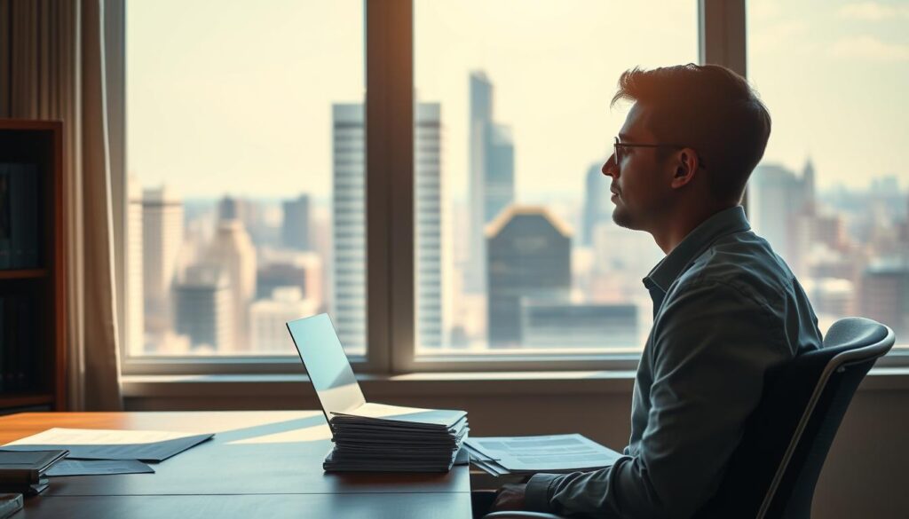 A sunny office interior with a desk, chair, and a large window overlooking a bustling city skyline. On the desk, an open laptop and a stack of documents, representing the common questions and concerns of 30-somethings considering a career change. The lighting is warm and natural, creating a sense of productivity and contemplation. In the foreground, a thoughtful person sits at the desk, their face in profile, deep in thought. The atmosphere is one of focused introspection, as the individual navigates the challenges and opportunities of a mid-career transition.