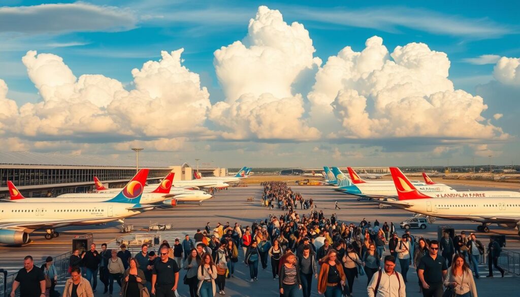 A sweeping panoramic view of a bustling international airport, with a gleaming modern terminal building flanked by rows of sleek commercial airliners in various liveries, their wings outstretched. In the background, towering cumulus clouds drift across a vibrant blue sky, bathing the scene in warm, golden light. In the foreground, a steady stream of passengers hurry through the terminal, their faces alight with a sense of anticipation and wonder, capturing the dynamism and promise of the aviation industry. The overall composition conveys a sense of technological advancement, global connectivity, and a bright future for air travel.